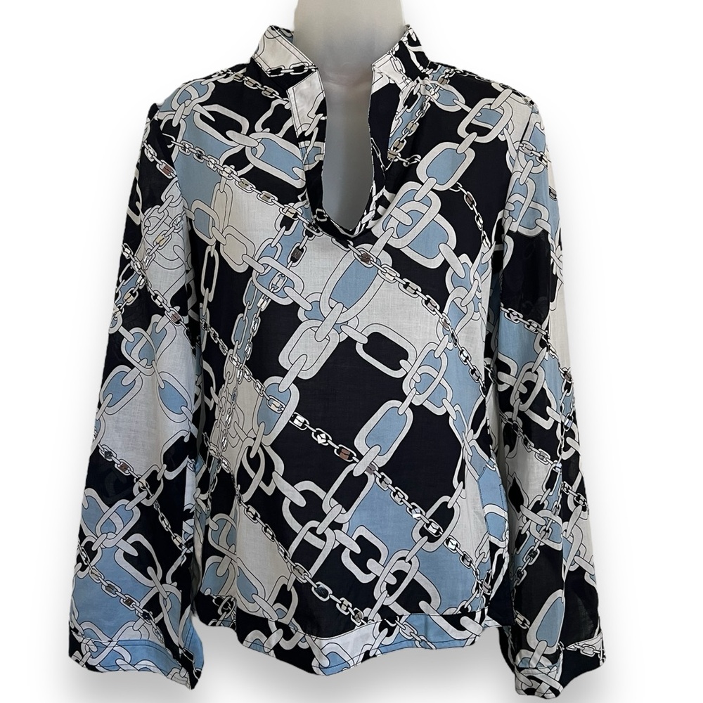 TORY BURCH Top Blue White Cotton Paperclip Chain Link Print Sequin Accent Size 2